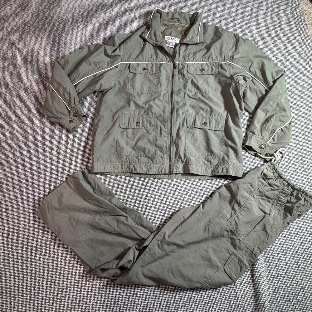 Stunt Sports Vintage Mens Large Olive Green Nylon Tracksuit Windbreaker Set L